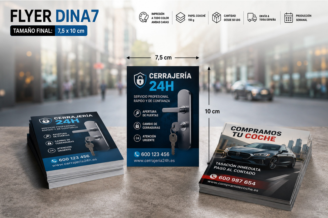 Flyer DINA 7 7,5x10 cm impresión offset a todo color para carteles publicitarios y evento