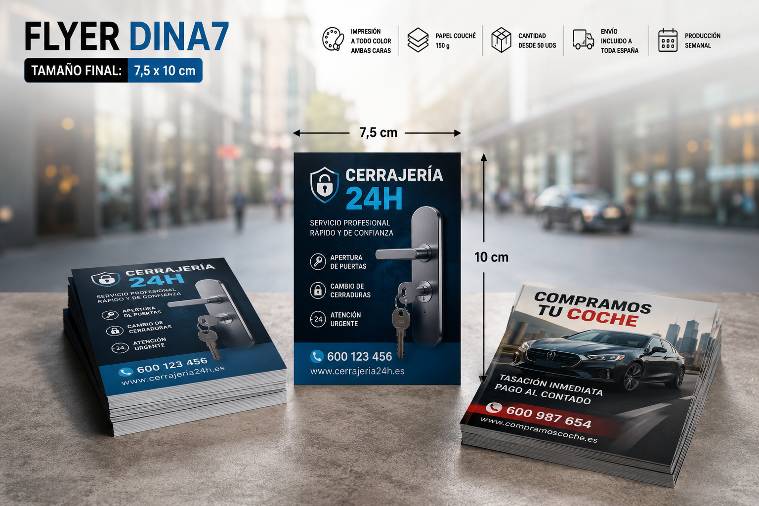 Flyer DINA 7 7,5x10 cm impresión offset a todo color para carteles publicitarios y evento