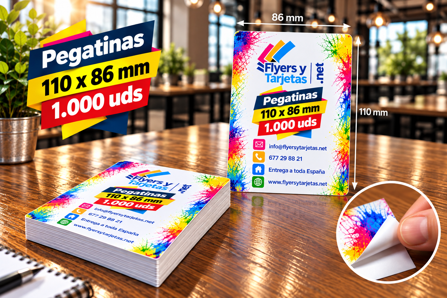 Pegatina publicitaria papel (110x85mm) 1000uds