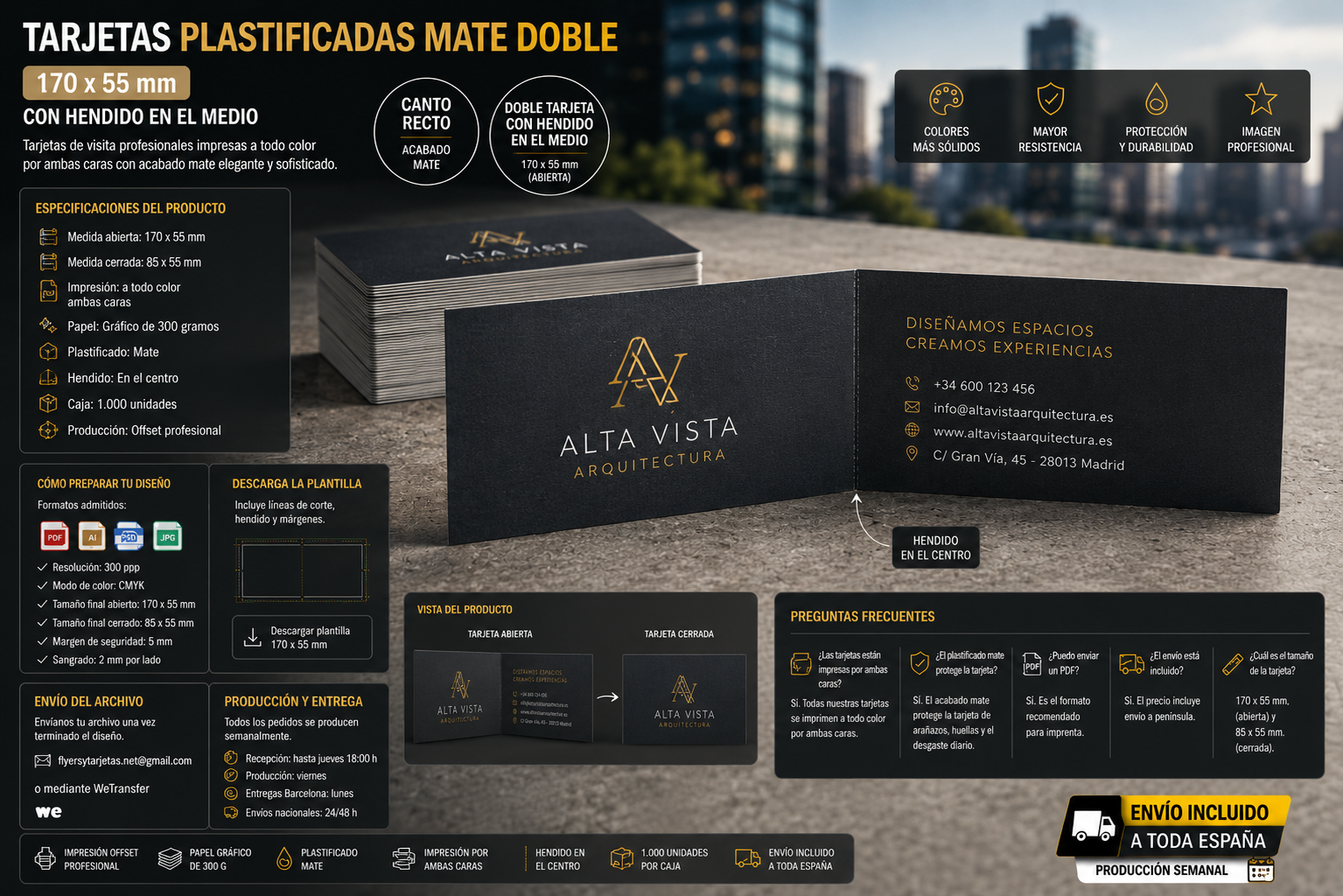 Tarjetas plastificadas mate dobles 170x55 mm impresas a todo color