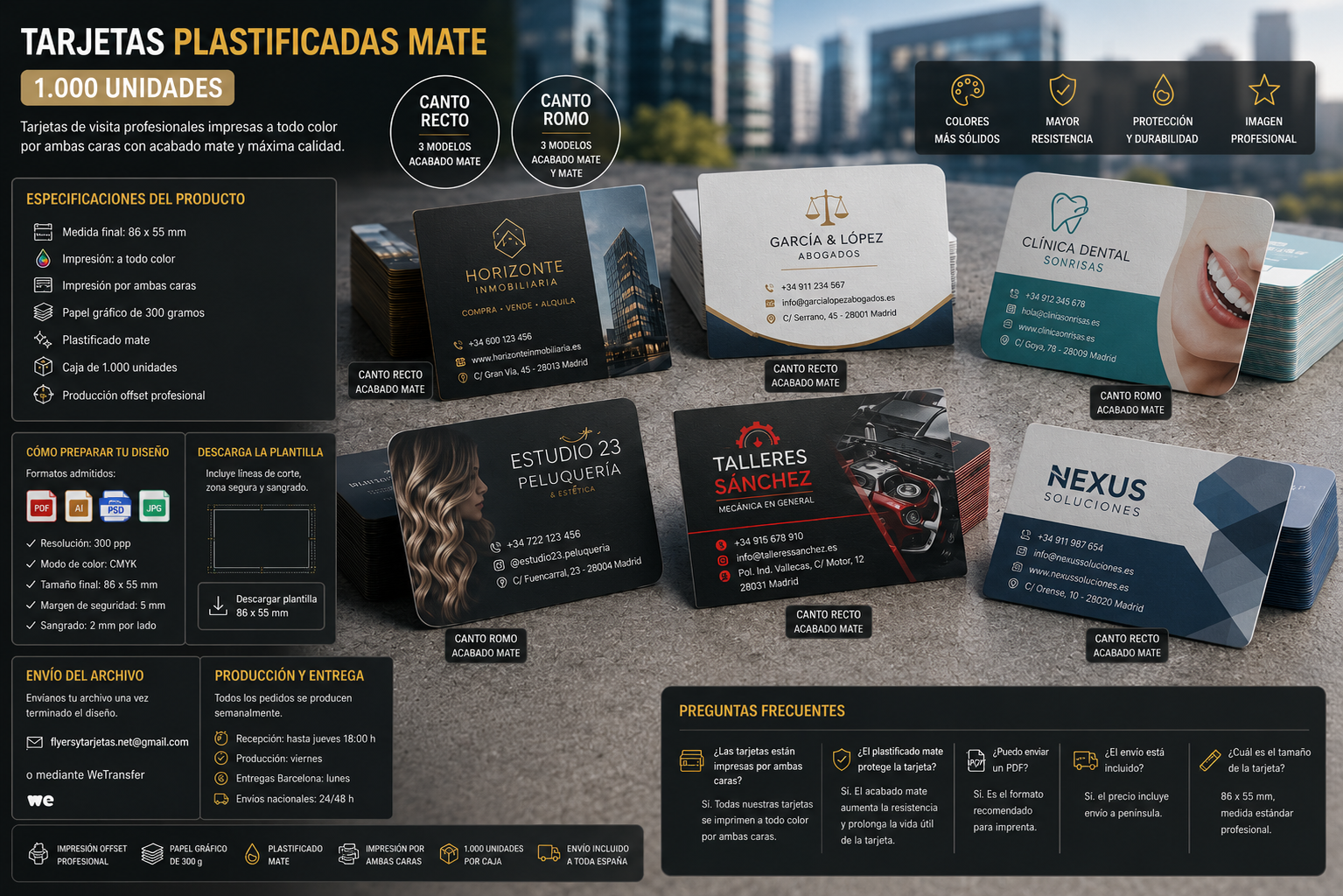 Tarjetas plastificadas mate 86x55 mm impresas a todo color